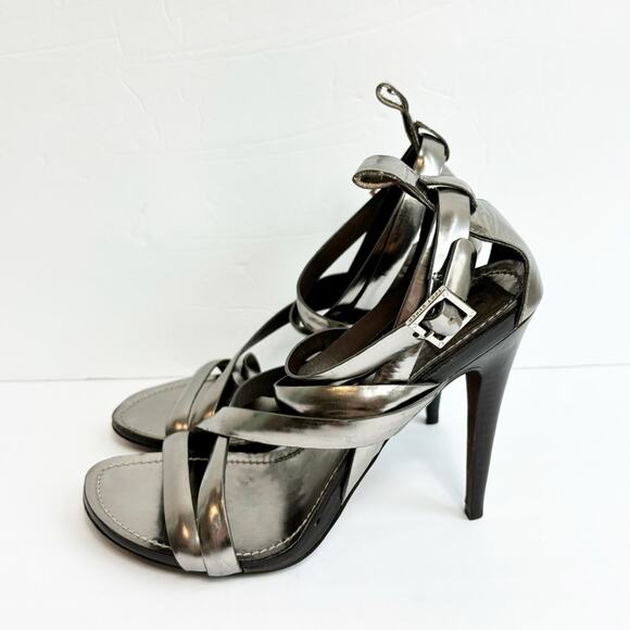 TORY BURCH METALLIC PEWTER STRAPPY HEELED SANDALS SIZE 10 - Picture 3 of 8